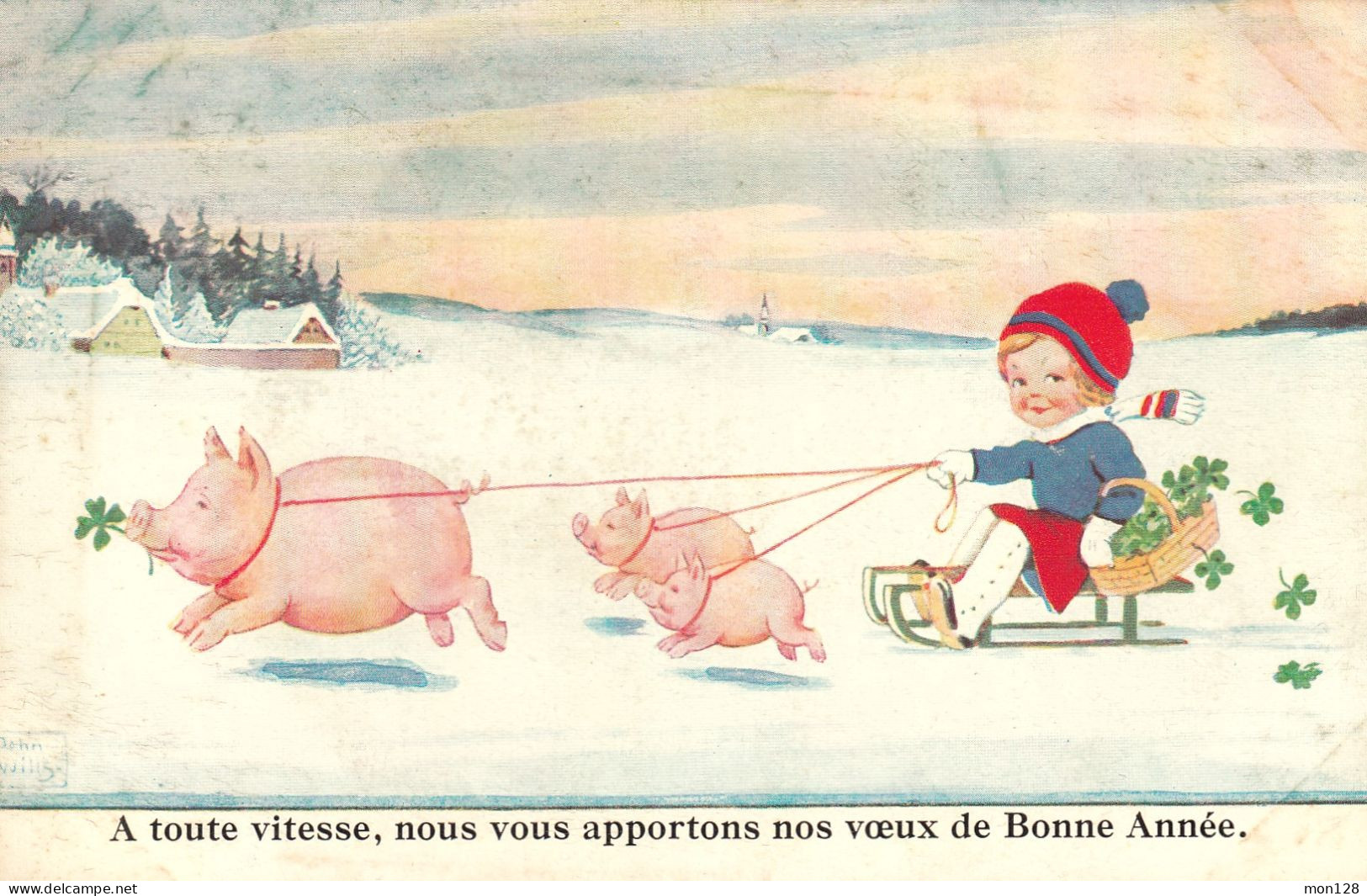 ILLUSTRATEUR JOHN WILLS - MEILLEURS SOUHAITS DE NOUVEL AN - NOS VOEUX DE BONNE ANNEE - 2 CARTES - COCHONS -LUGE - Wills, John