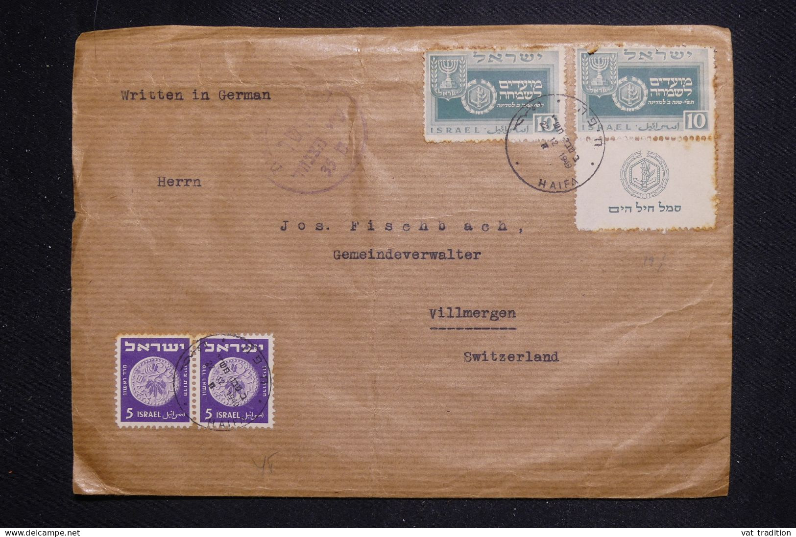 ISRAËL - Enveloppe De Haifa Pour La Suisse En 1949, Affranchissement Varié Dont Tabs - L 143810 - Covers & Documents