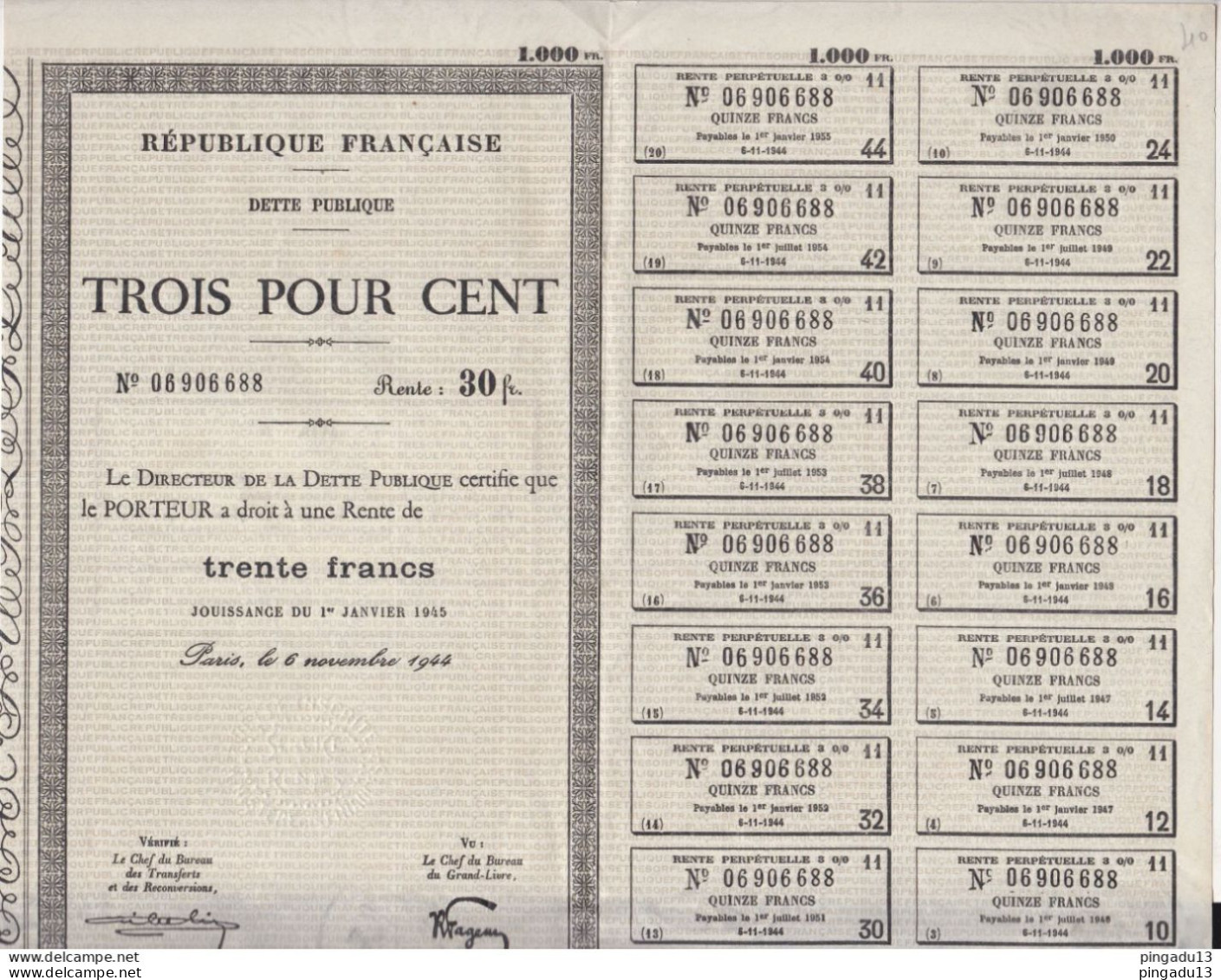 Au Plus Rapide République Française Dette Publique Trois Pour Cent Paris 6 Novembre 1944 - P - R