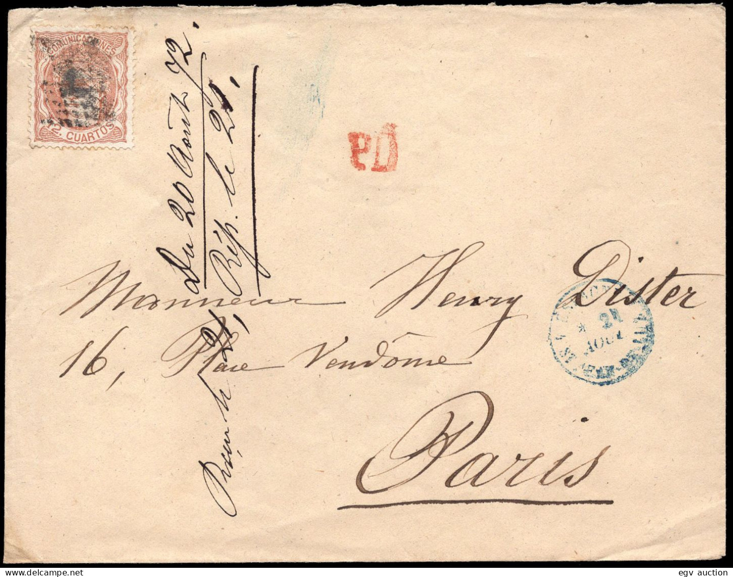 España - Edi O 113 - 1872 - Sobre A Paris + "PD" En Rojo - Storia Postale