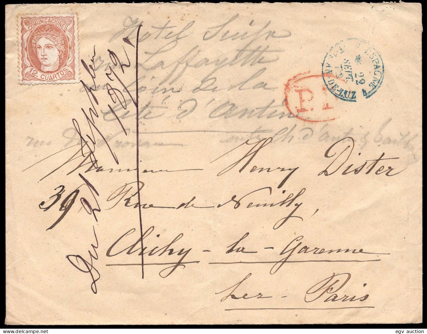 España - Edi O 113 - 1872 - Sobre A Clichy + Marca Azul De Salida + "PP" En Ovalo - Covers & Documents