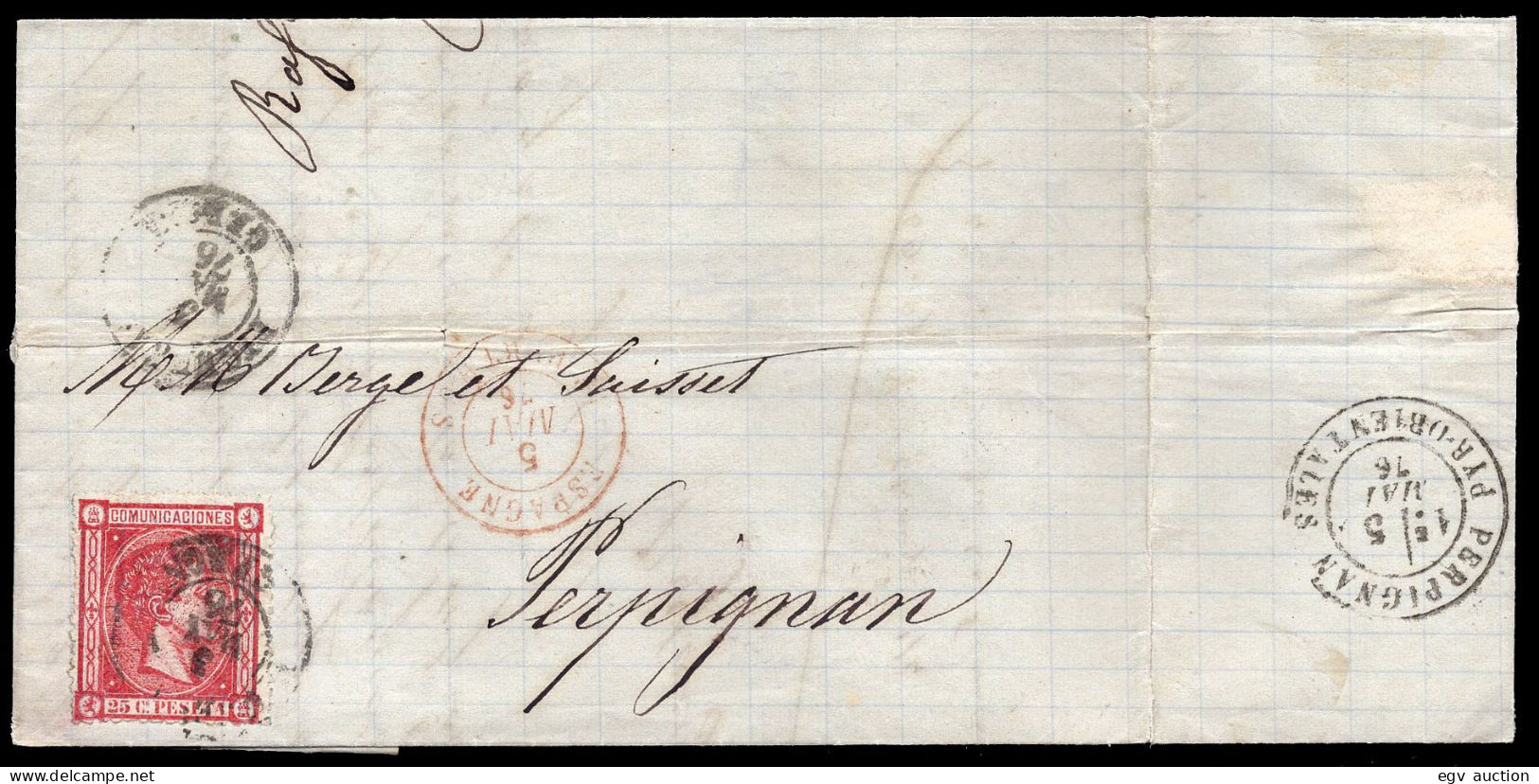 Gerona - Edi O 166 - 1876 - Carta De Figuera 3/5/76 A Francia - Briefe U. Dokumente