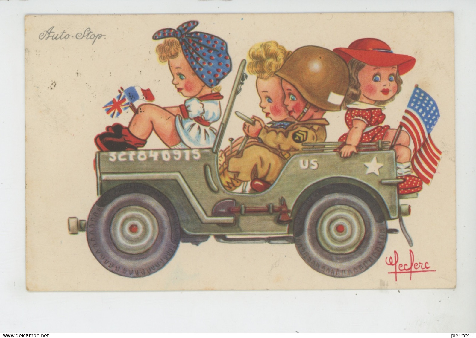 Illustrateur LECLERC - Jolie Carte Fantaisie Fillettes  Dans Automobile Soldat US   "AUTO STOP " - Leclerc