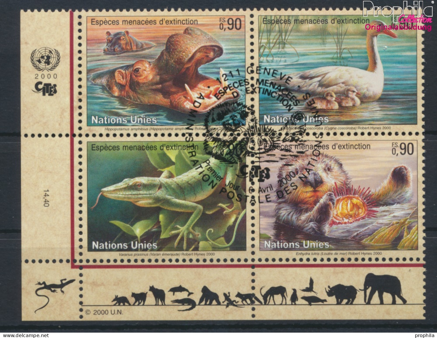 UNO - Genf 385-388 Viererblock (kompl.Ausg.) Gestempelt 2000 Gefährdete Tiere (10073008 - Used Stamps