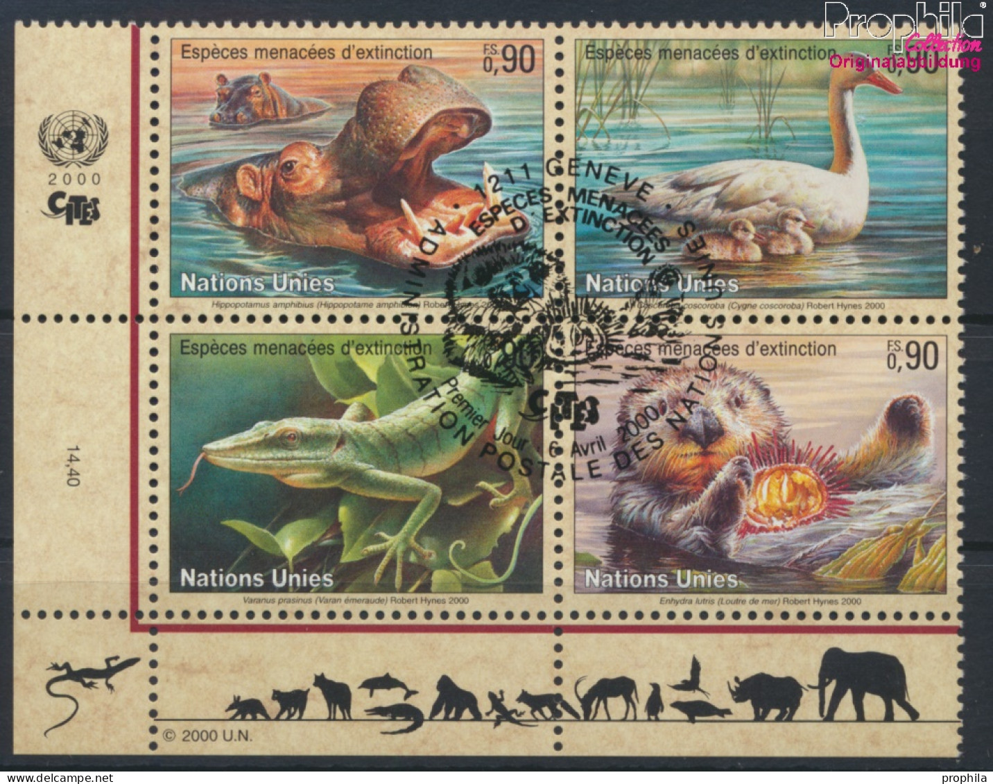 UNO - Genf 385-388 Viererblock (kompl.Ausg.) Gestempelt 2000 Gefährdete Tiere (10073009 - Used Stamps