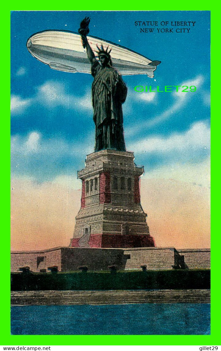 NEW YORK CITY, NY - STATUE OF LIBERTY WITH AIRSHIP - WRITTEN -  MANHATTAN POST CARD PUB. CO INC - - Statue Of Liberty