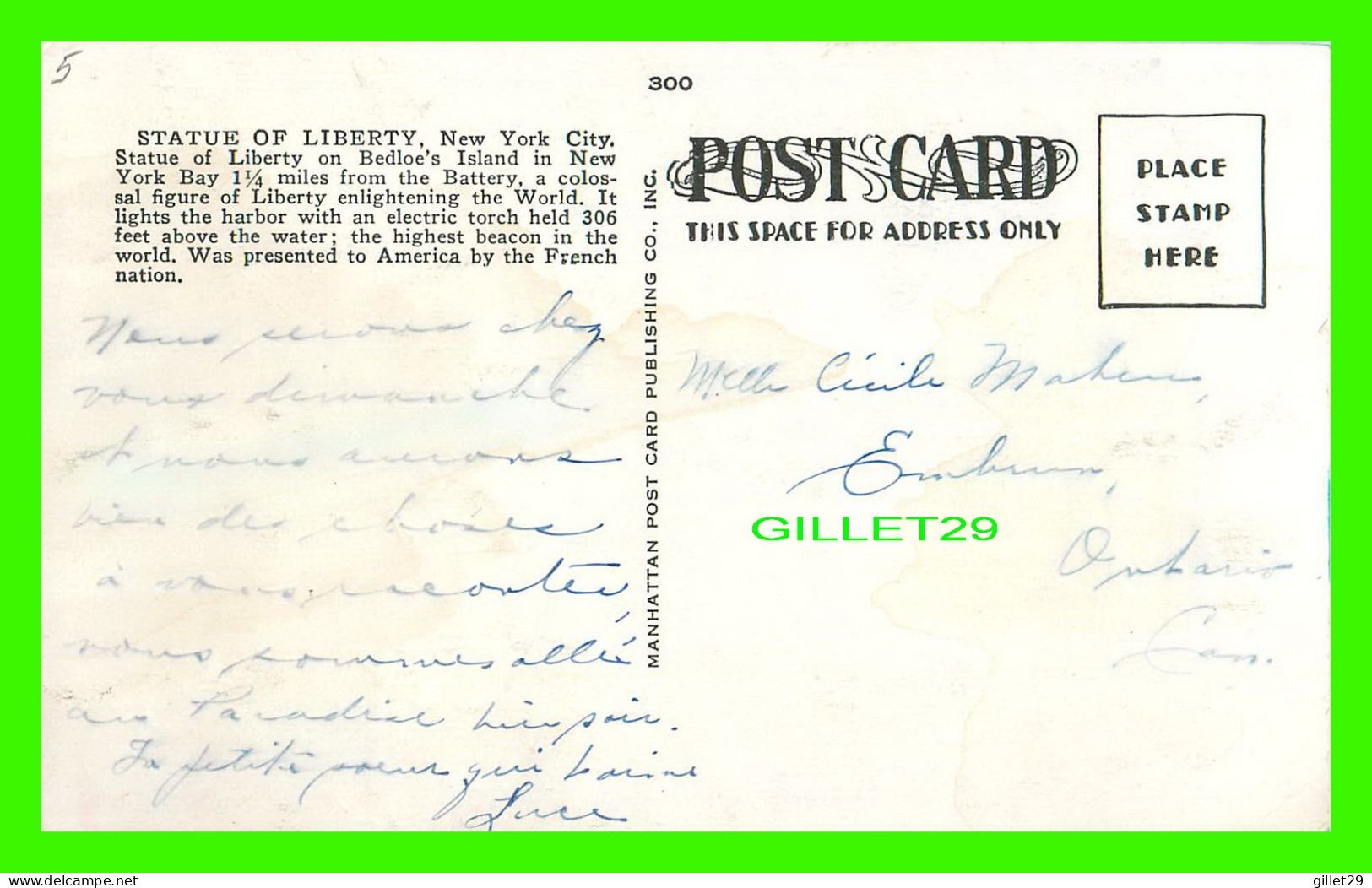 NEW YORK CITY, NY - STATUE OF LIBERTY WITH AIRSHIP - WRITTEN -  MANHATTAN POST CARD PUB. CO INC - - Freiheitsstatue