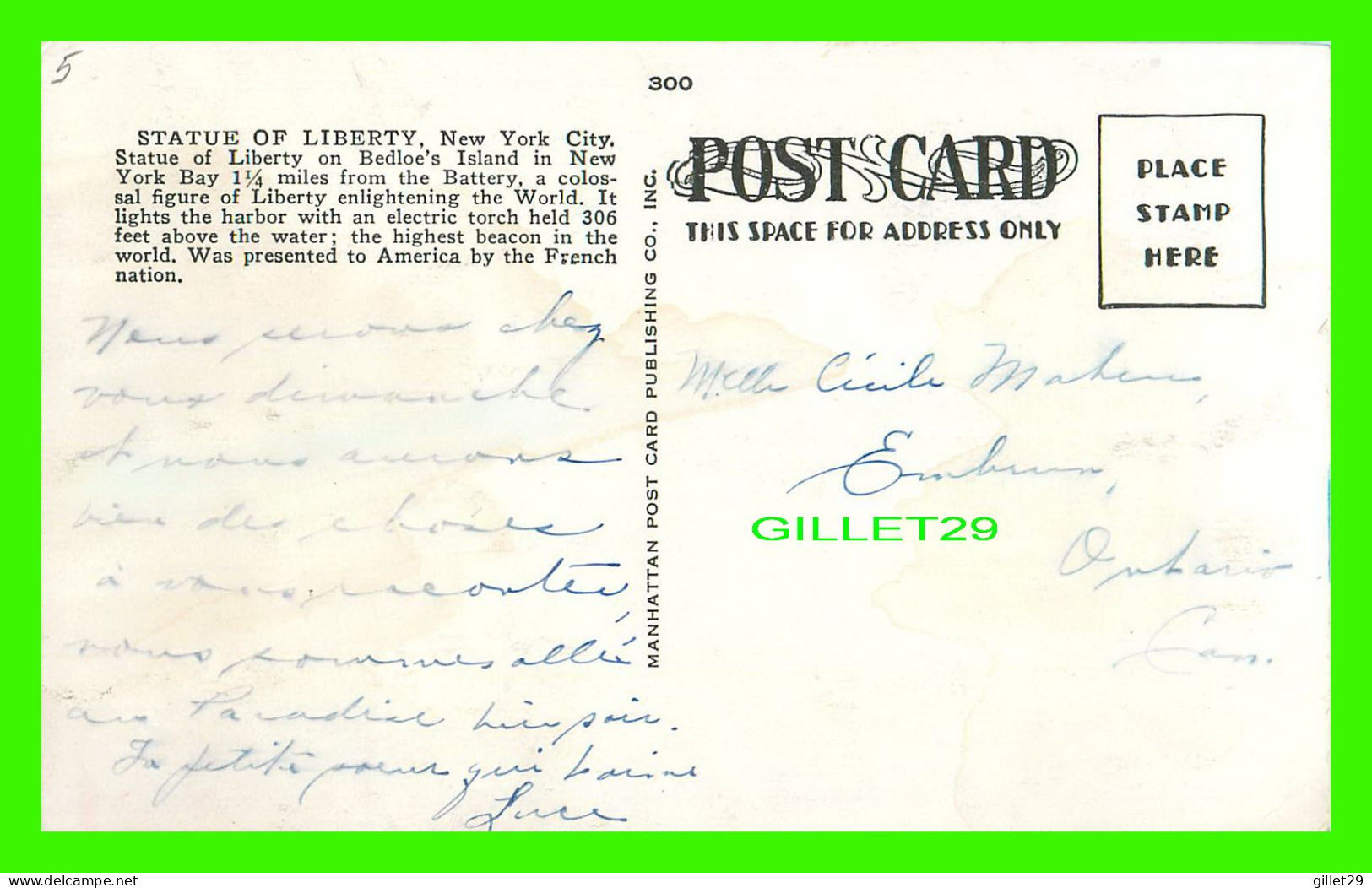 NEW YORK CITY, NY - STATUE OF LIBERTY WITH AIRSHIP - WRITTEN -  MANHATTAN POST CARD PUB. CO INC - - Statue De La Liberté