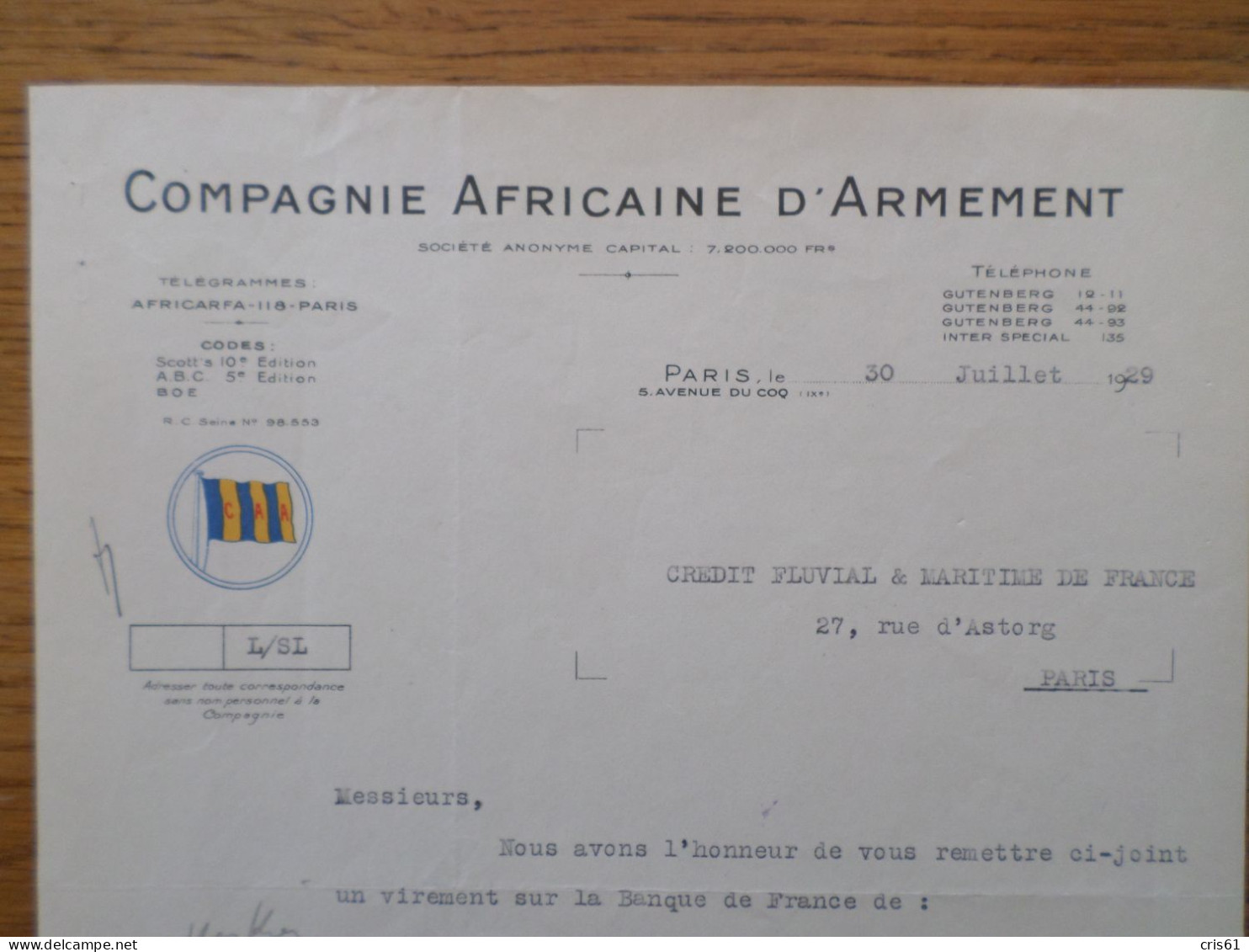 75 PARIS (9e) - Courrier COMPAGNIE AFRICAINE D'ARMEMENT, Juillet 1929 - 1900 – 1949