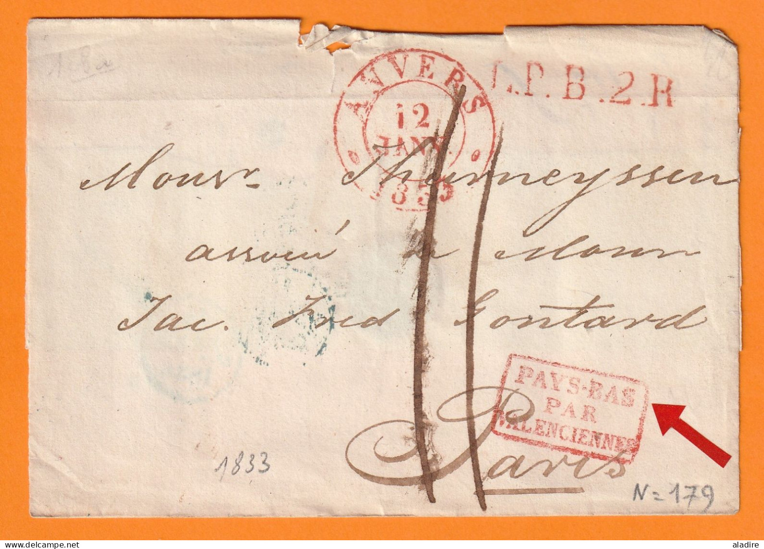 1833 - Enveloppe D' ANVERS ANTWERP, Belgique Vers Paris, France - Entrée Pays Bas Par Valenciennes - Taxe 11 - 1830-1849 (Unabhängiges Belgien)