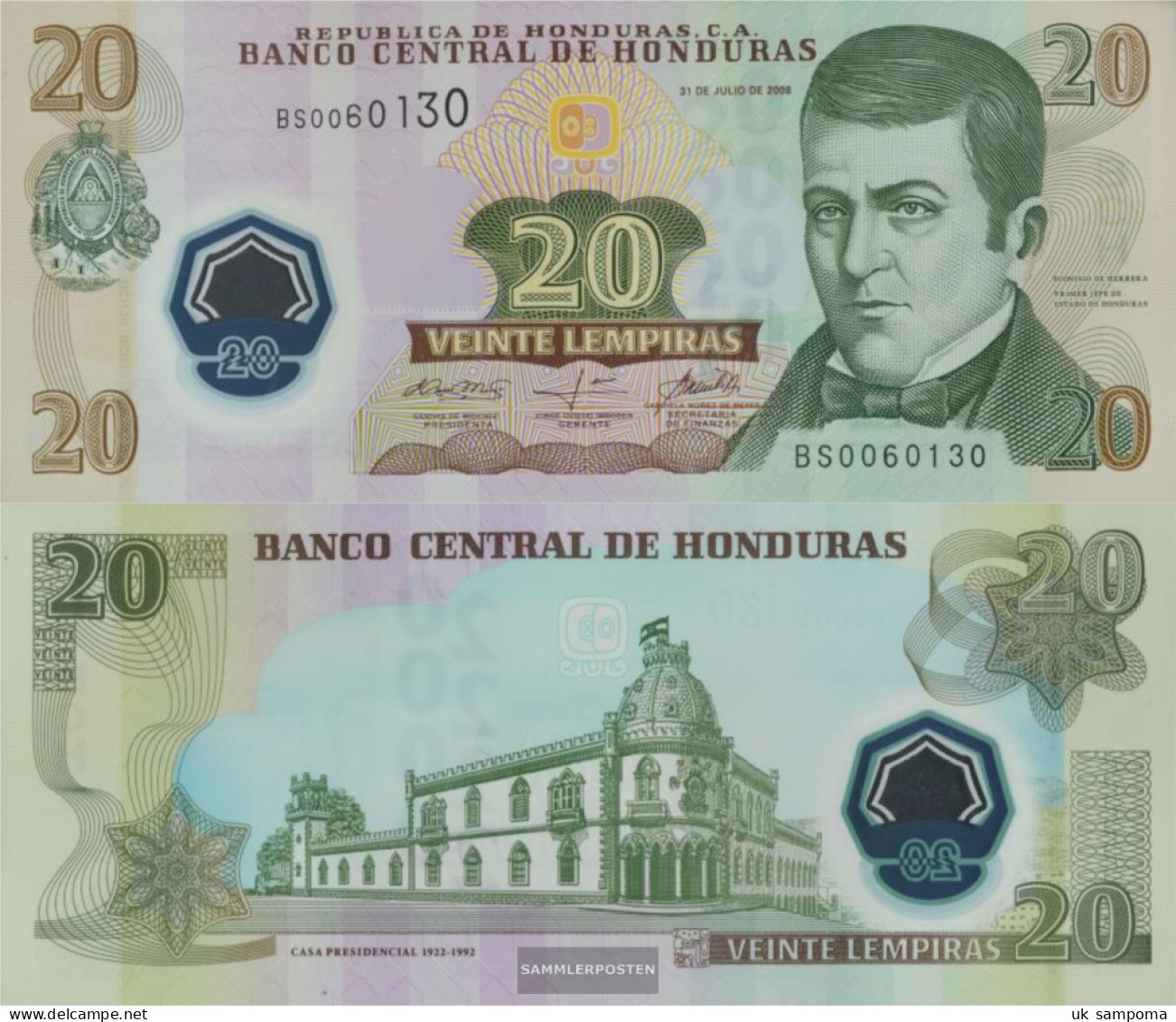 Honduras Pick-number: 95 Uncirculated 2008 20 Lempiras - Honduras