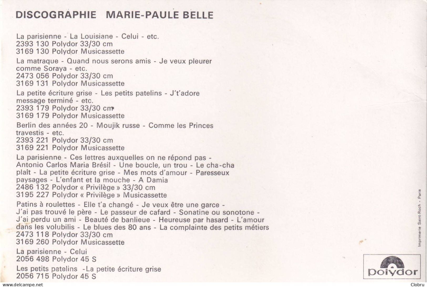 Marie Paule Belle, Discographie, Carte Photo - Chanteurs & Musiciens