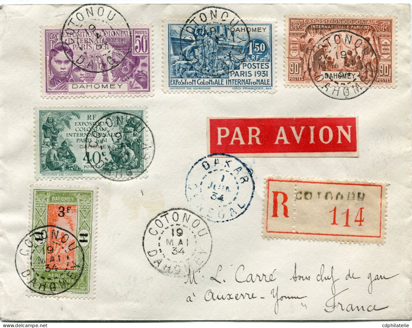 DAHOMEY LETTRE RECOMMANDEE PAR AVION DEPART COTONOU 19 MAI 34 DAHOMEY POUR LA FRANCE - Cartas & Documentos