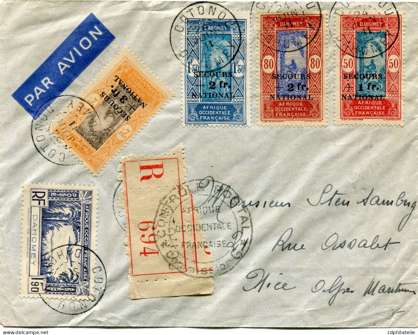 DAHOMEY LETTRE RECOMMANDEE PAR AVION CENSUREE DEPART COTONOU 24 JUIN 41 DAHOMEY POUR LA FRANCE - Cartas & Documentos