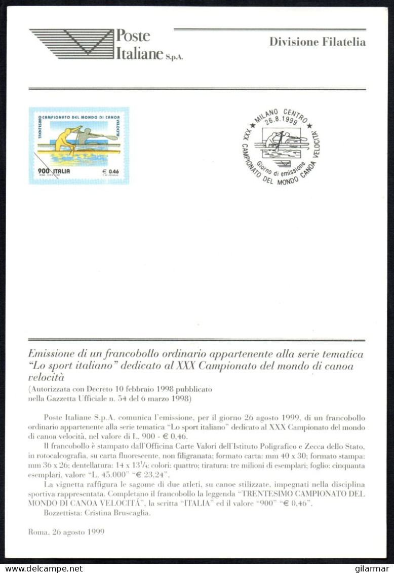 ITALIA MILANO 1999 - CAMPIONATI DEL MONDO CANOA VELOCITA' - BOLLETTINO INFORMATIVO POSTE ITALIANE - A - Canoa