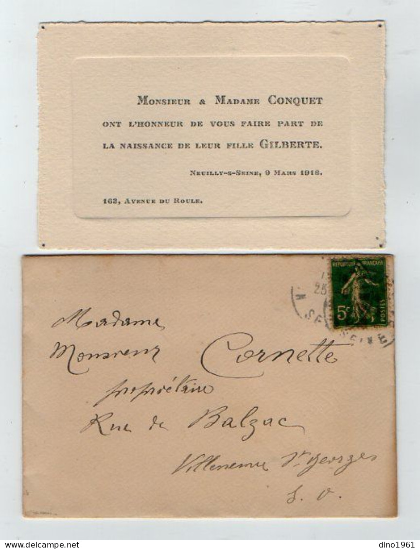VP22.210 - NEUILLY - SUR - SEINE 1918 - Faire Part De Naissance De Melle Gilberte CONQUET - Birth & Baptism