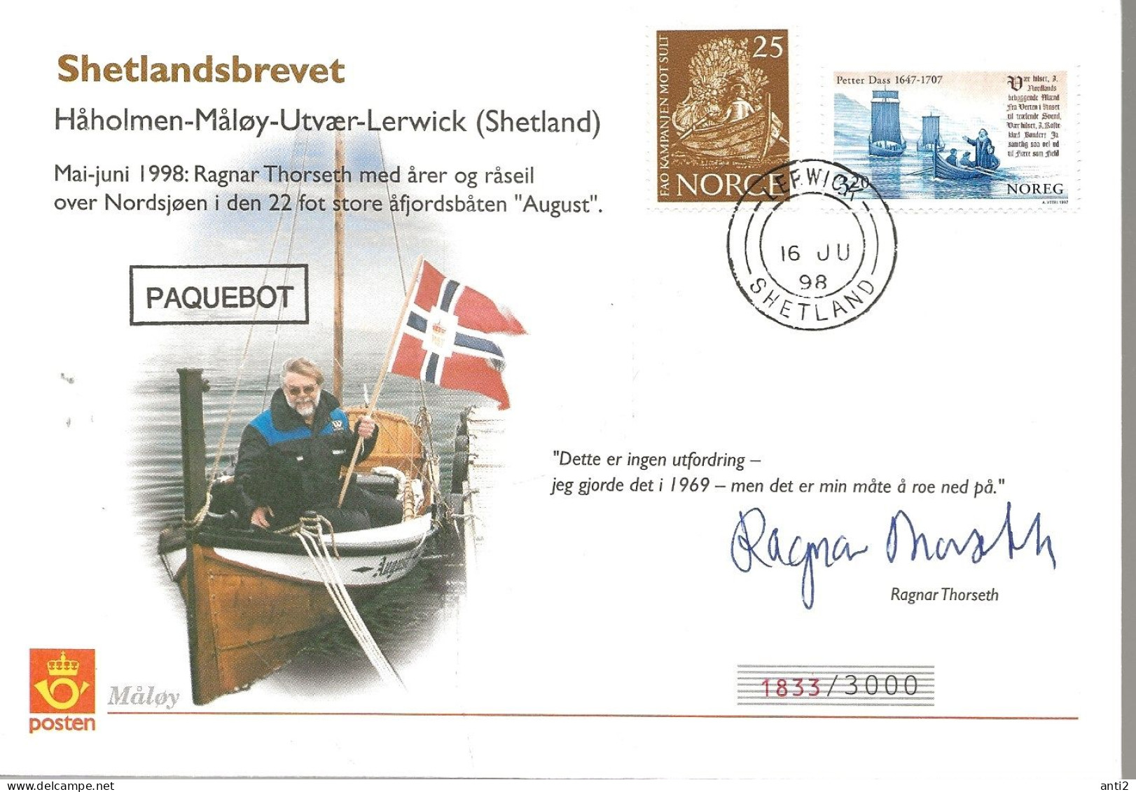 Norge Norway 1998 Shetlands Letter - Håholmen-Måløy-Utvær-Lerwick - Cancelled 16 JU 98  Lerwick Shetland - Brieven En Documenten