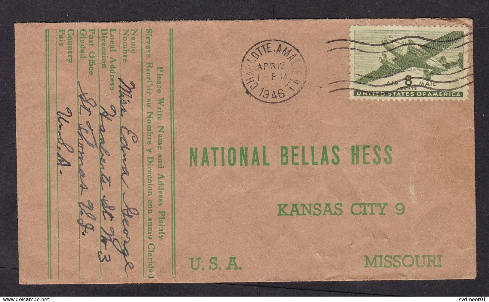 USA: Cover, 1946, 1 Stamp, Airplane, Cancel Charlotte Amalie, Virgin Islands (damaged; Creases) - Deens West-Indië