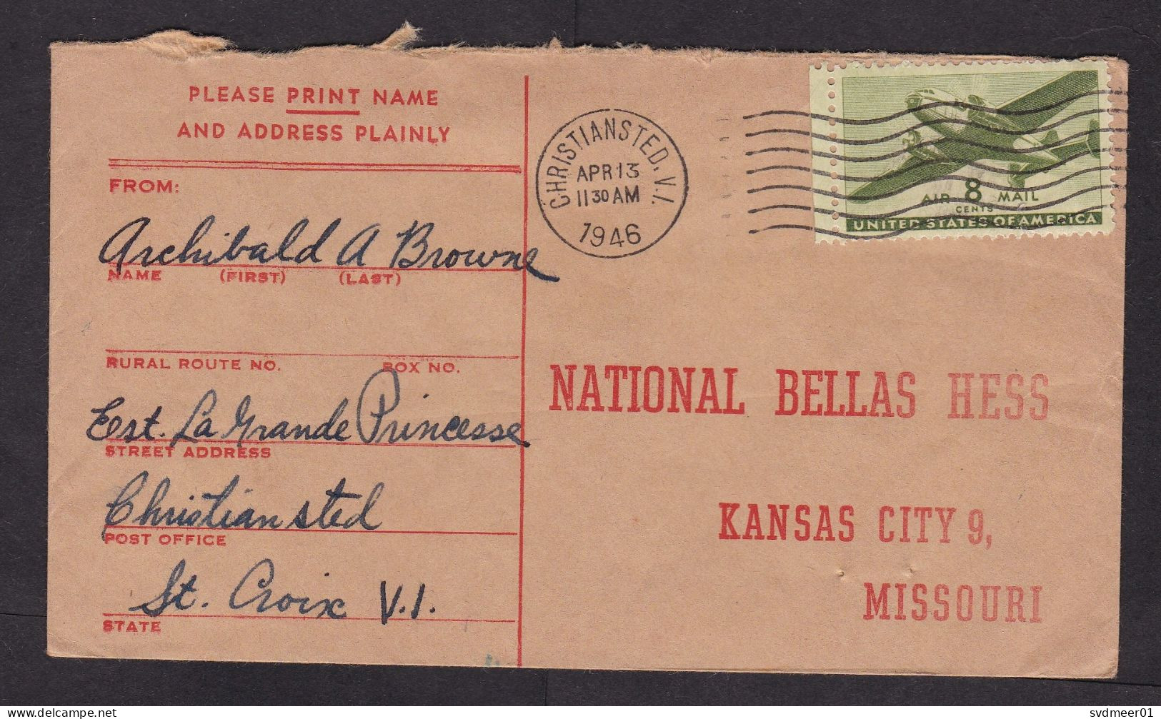 USA: Cover, 1946, 1 Stamp, Airplane, Cancel Christiansted, Virgin Islands (damaged; Roughly Opened) - Deens West-Indië