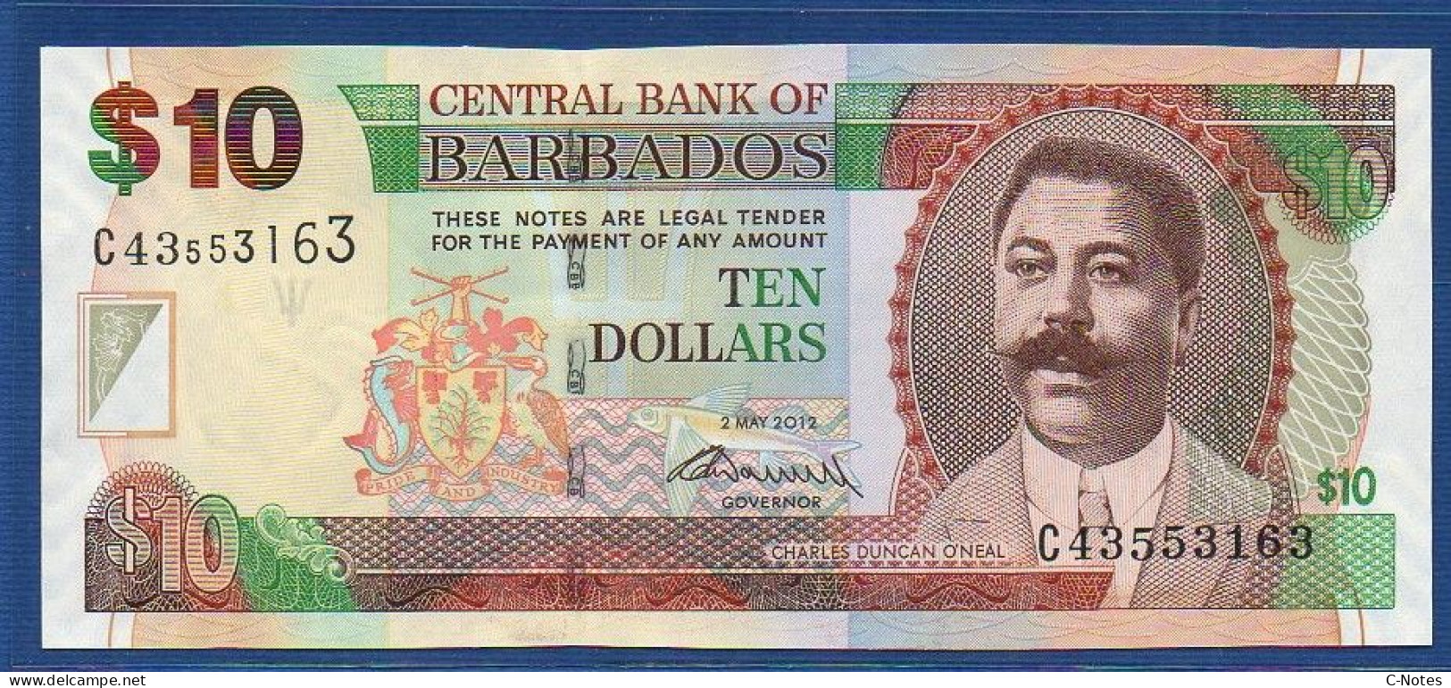 BARBADOS - P.68c –  10 DOLLARS 2012 UNC, S/n C43553163 - Barbados