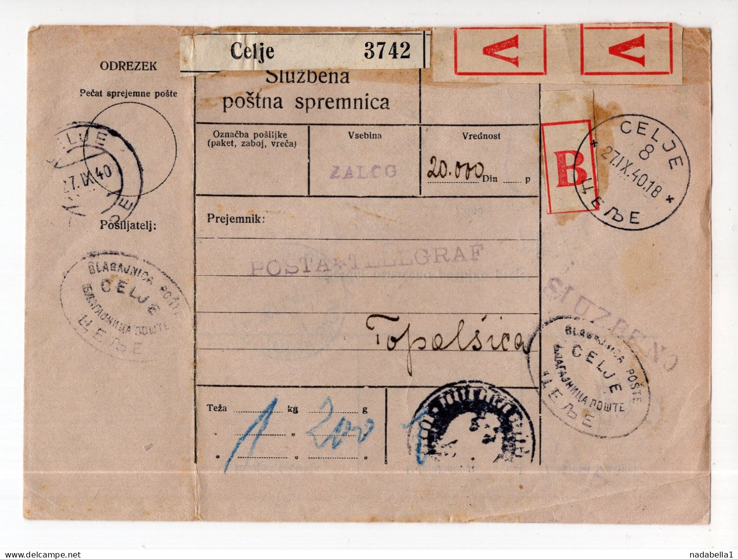 1940. KINGDOM OF YUGOSLAVIA,SLOVENIA,CELJE TO TOPOLSICA,OFFICIAL PARCEL CARD,USED - Dienstmarken