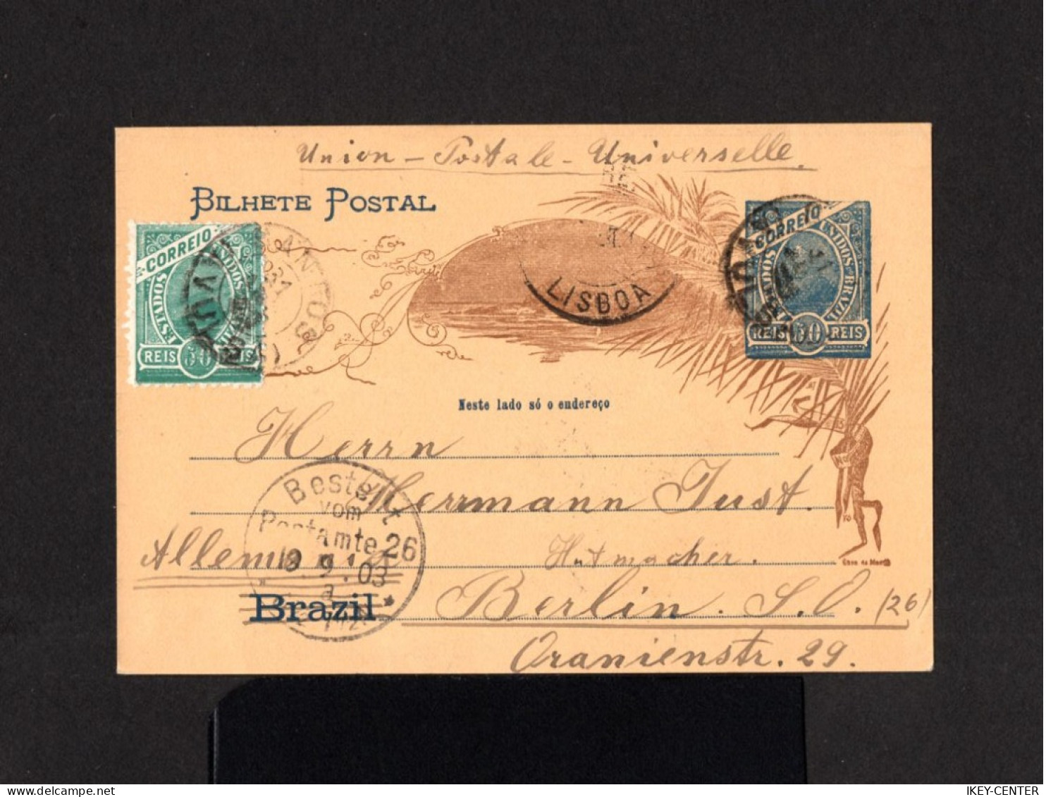 S2848-BRAZIL-OLD POSTCARD SANTOS To BERLIN (germany) 1903.UPU.Carte Postale.TARJETA POSTAL.Bilhete Postal - Covers & Documents