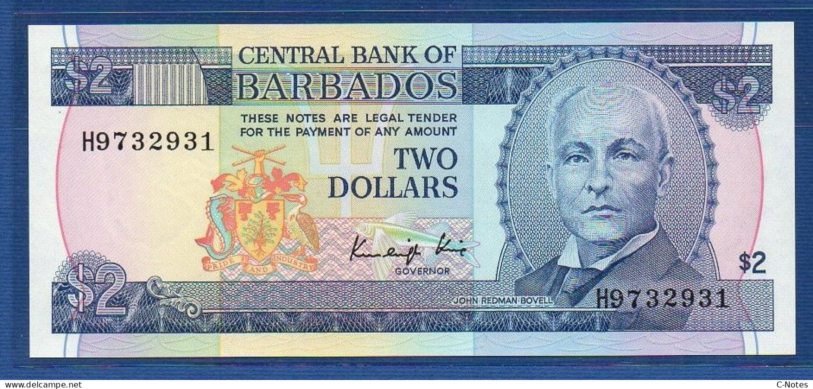 BARBADOS - P.36 –  2 DOLLARS ND 1986 UNC, S/n H9732931 - Barbados (Barbuda)