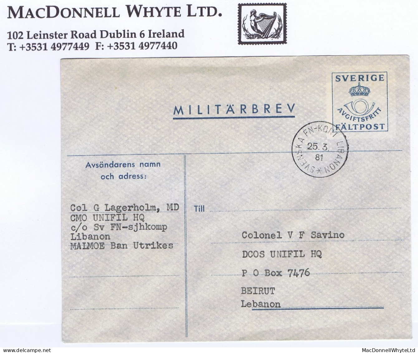 Sweden Military 1981 Fieldpost MILTARBREV To UNIFIL Lebanon SVENSKA FN-KONT Cds - Military