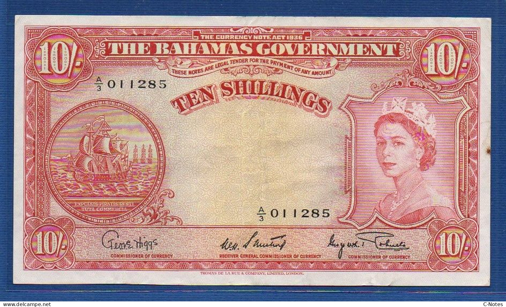 BAHAMAS - P.14d – 10 Shillings L. 1936 (1953) VF+, S/n A/3 011285  "Elizabeth II" Issue - Bahamas