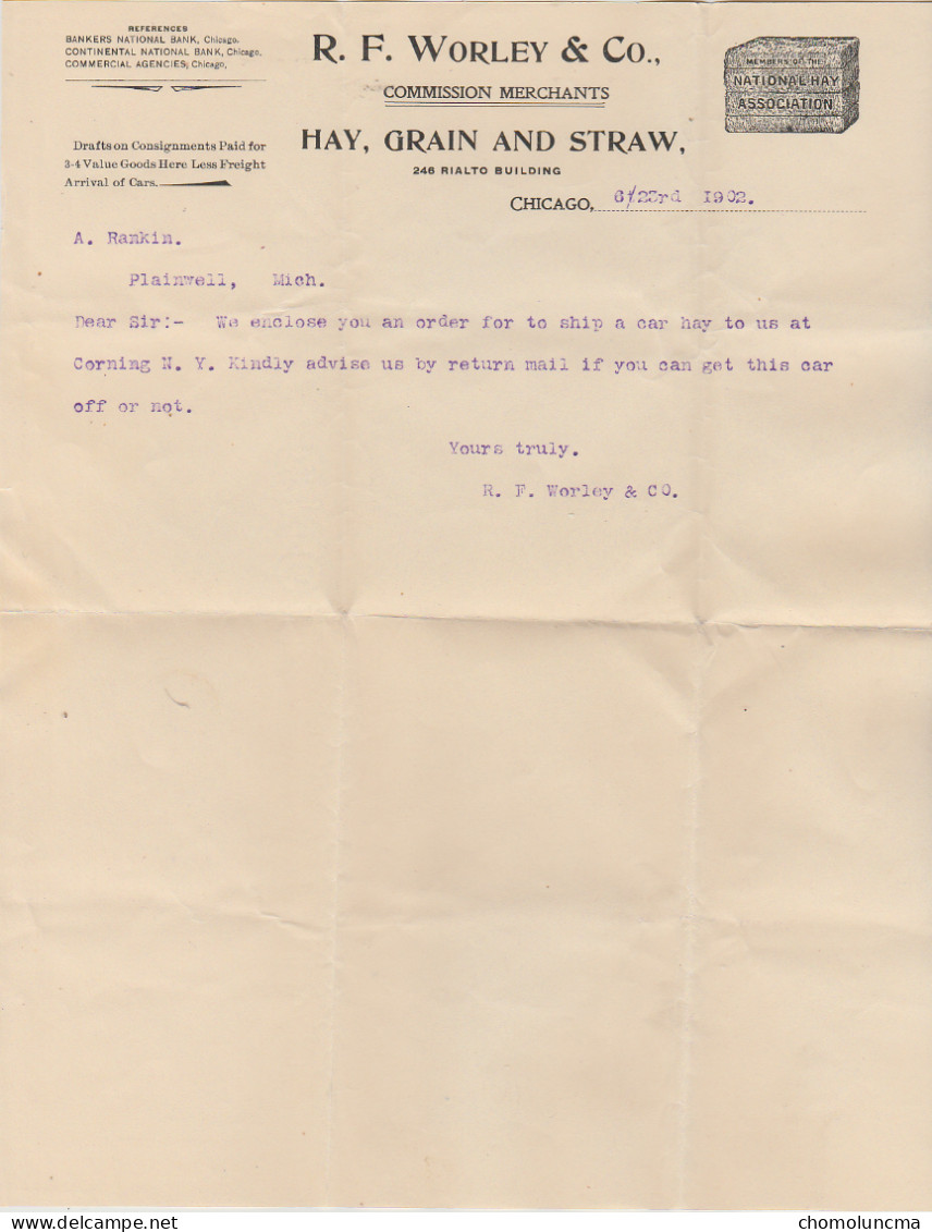 USA 1902 WORLEY & Co Foin Et Céréales Paille Hay Grain And Straw Drafts On Consignement Paid Traites En Consignation - Etats-Unis