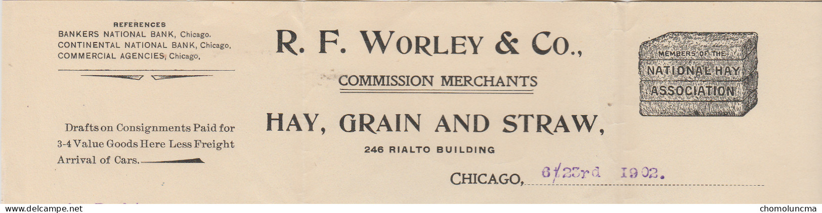 USA 1902 WORLEY & Co Foin Et Céréales Paille Hay Grain And Straw Drafts On Consignement Paid Traites En Consignation - Stati Uniti