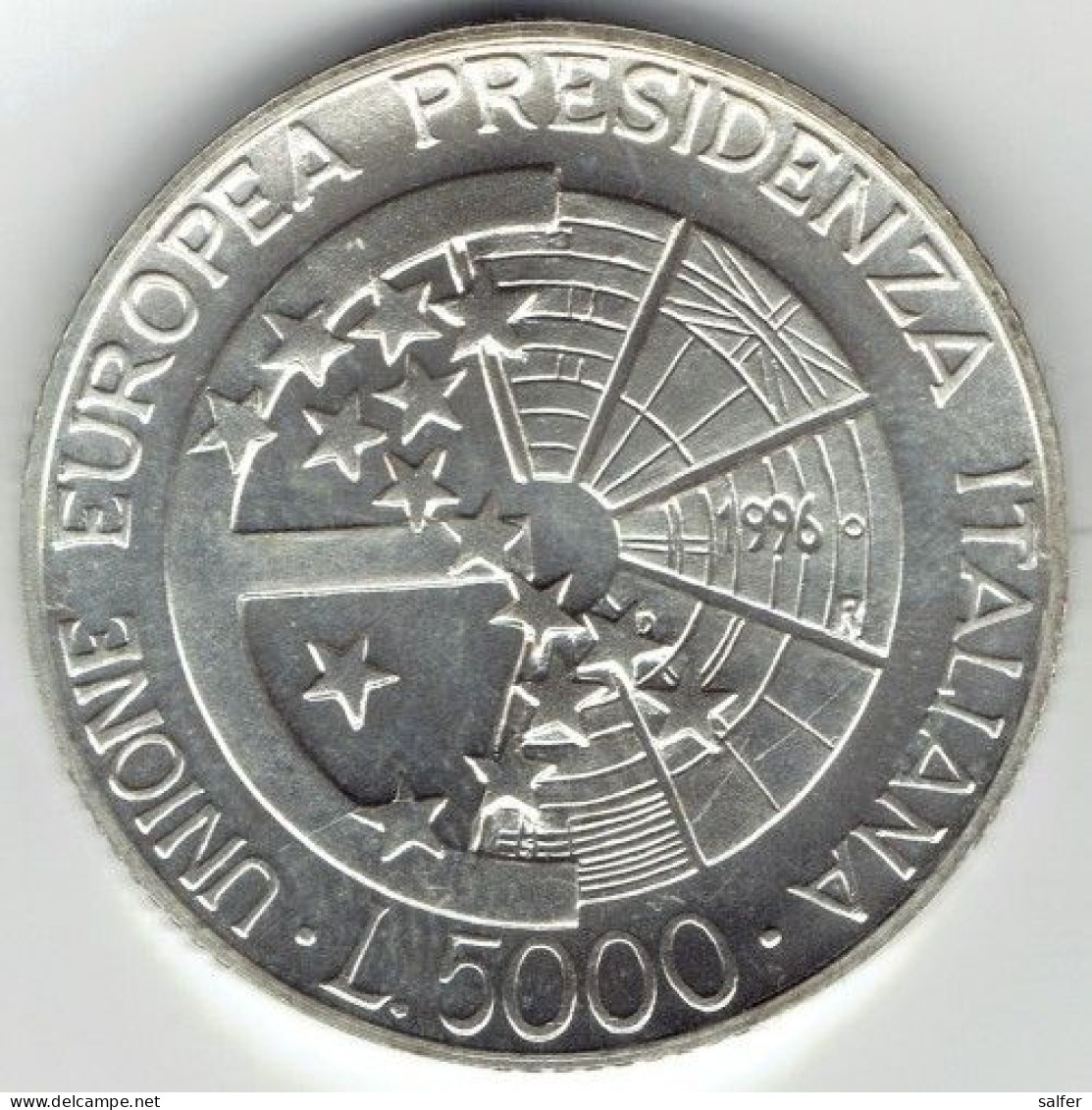 REPUBBLICA  1996  PRESIDENZA U.E.  Lire 5000 AG - Herdenking