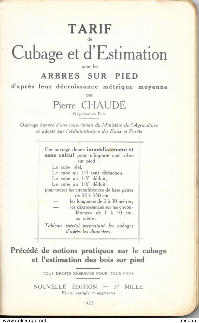 Tarif De Cubage Et Estimation Pour Les Arbres Sur Pied Par Pierre CHAUDE - Contabilità/Gestione