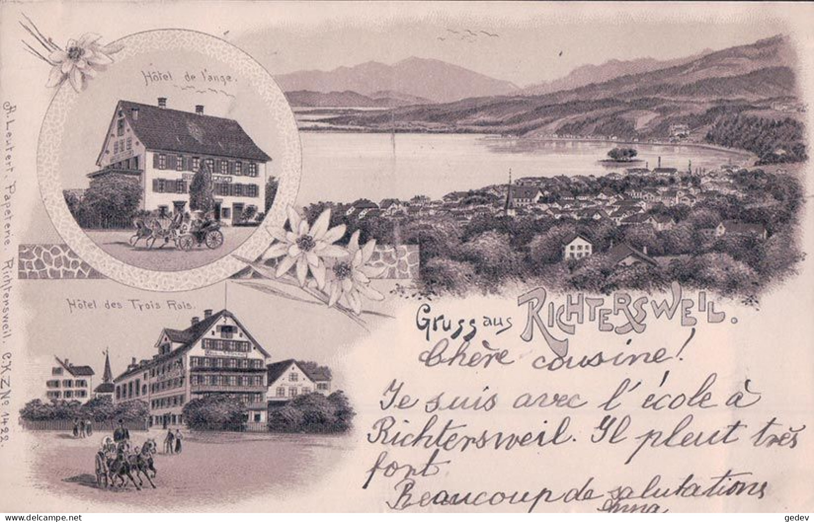 Gruss Aus Richterswil ZH, Hôtel De L'Ange Et Hôtel Des Trois Rois, Attelages, Litho Brune 3 Vues (30.9.1898) Pliée - Richterswil