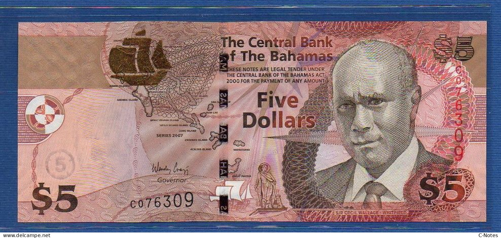 BAHAMAS - P.72 – 5 Dollars 2007 UNC, S/n C076309 - Bahamas