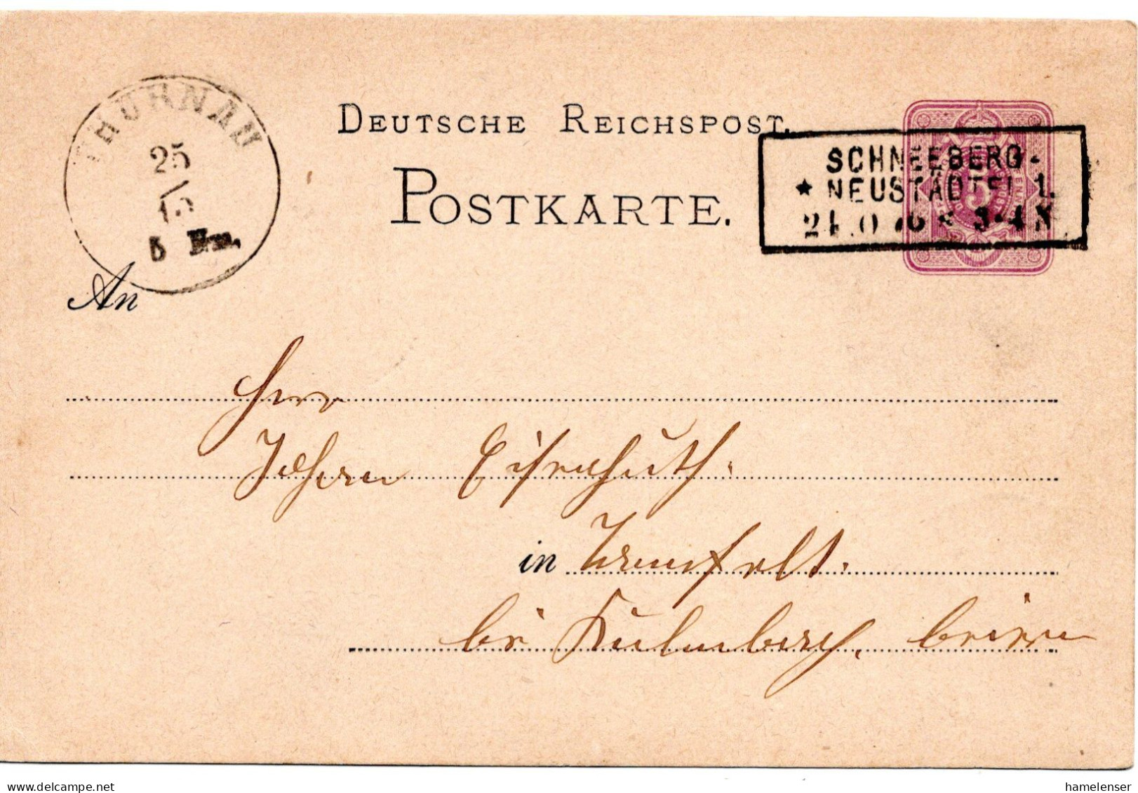 66677 - Deutsches Reich - 1876 - 5Pfge GAKte SCHNEEBERG -> THURNAU - Lettres & Documents