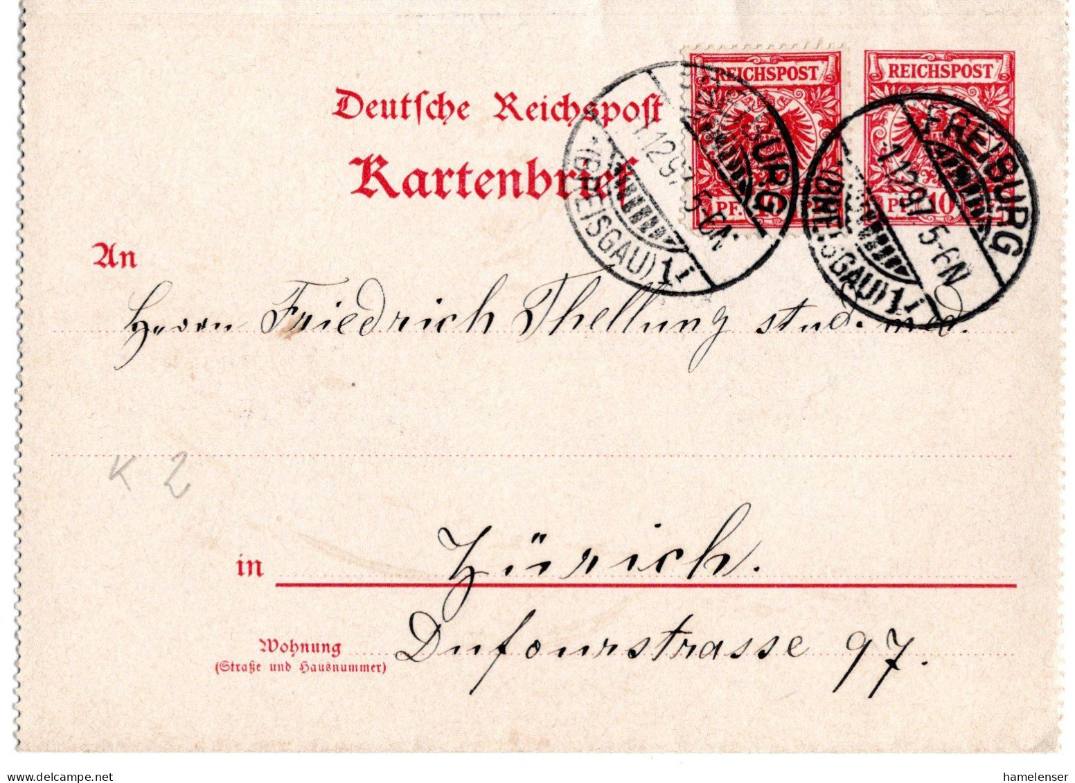 66678 - Deutsches Reich - 1897 - 10Pfg GAKartenBf M ZusFrankantur FREIBURG -> ZUERICH (Schweiz) - Briefe U. Dokumente