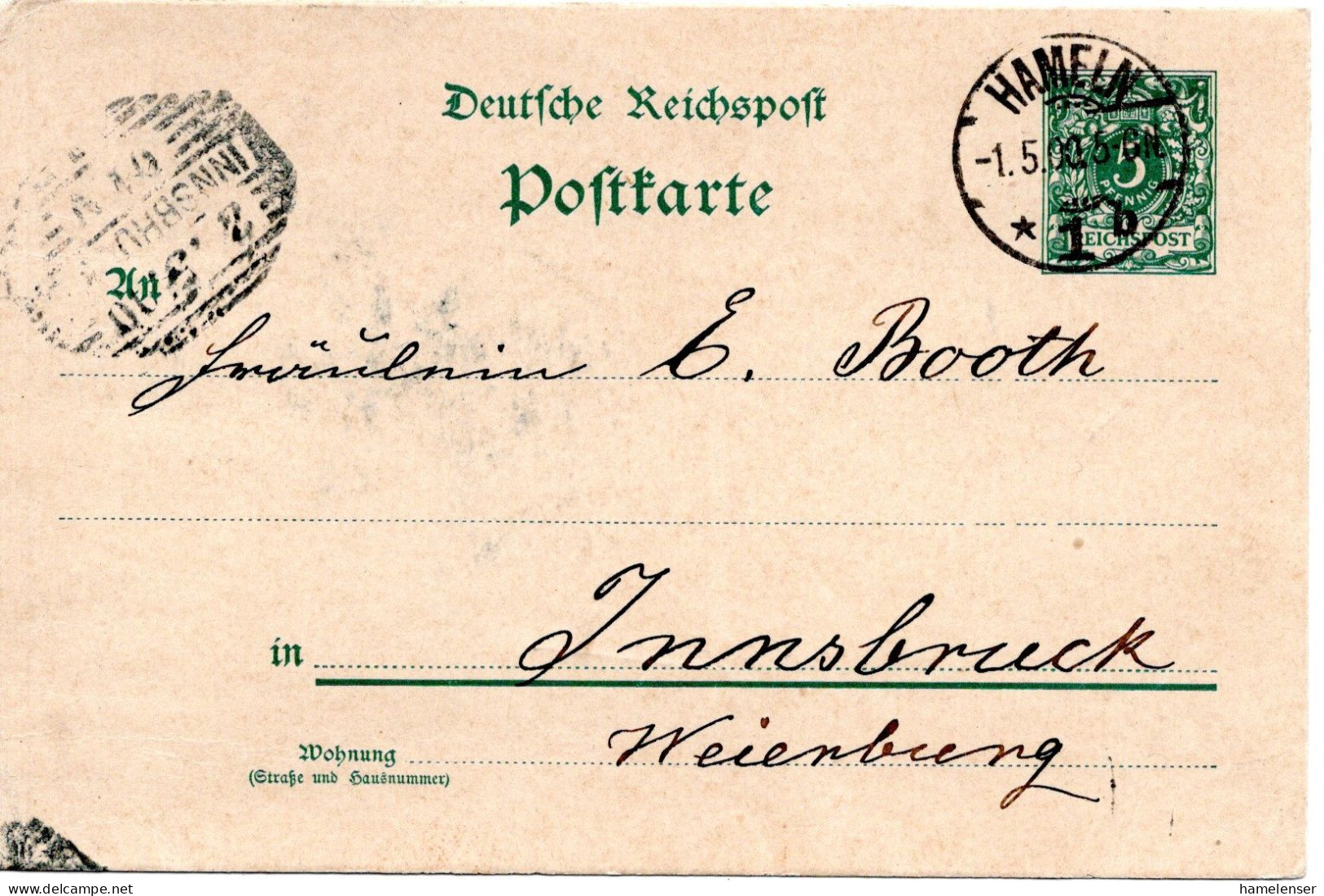 66680 - Deutsches Reich - 1900 - 5Pfg GAKte HAMELN -> INNSBRUCK (Oesterreich) - Covers & Documents