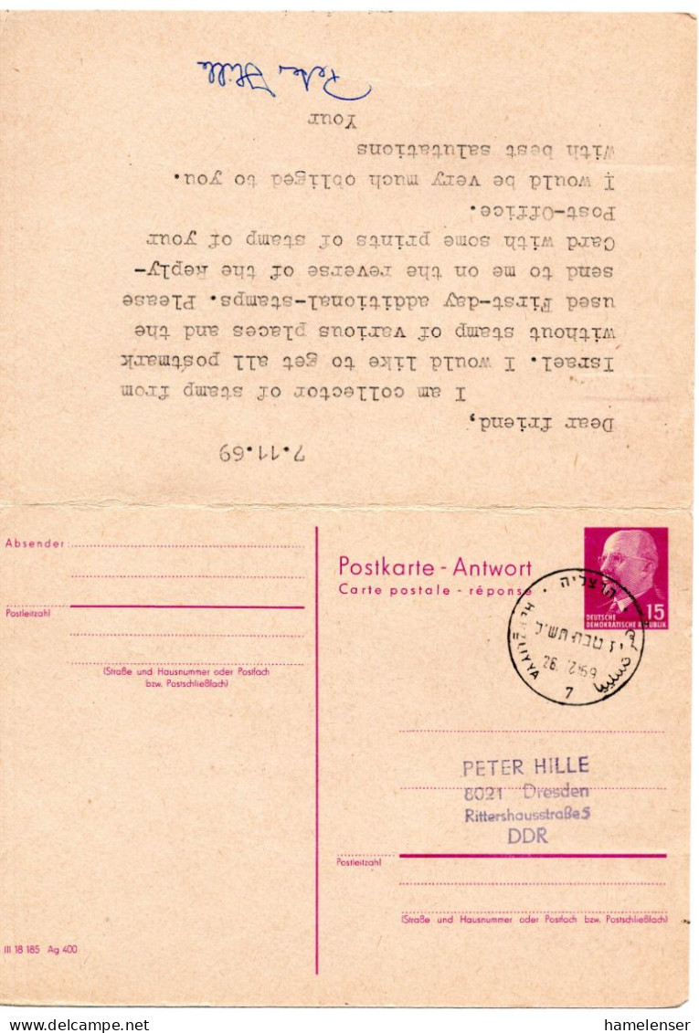 66687 - DDR - 1969 - 15Pfg Ulbricht GAAntwKte DRESDEN -> HERZLIYA (Israel), M Anh AntwKte Zurueck Gelaufen - Lettres & Documents