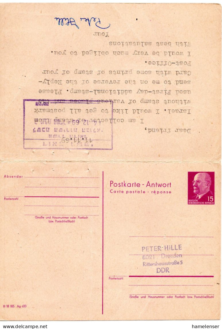 66688 - DDR - 1969 - 15Pfg Ulbricht GAAntwKte DRESDEN -> TEL AVIV (Israel), Le Senkr Bug - Lettres & Documents