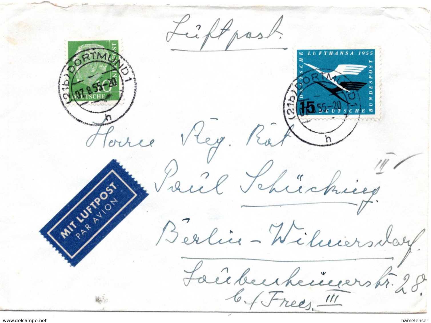 66693 - Bund - 1955 - 15Pfg Lufthansa MiF A LpBf DORTMUND -> Westberlin - Briefe U. Dokumente