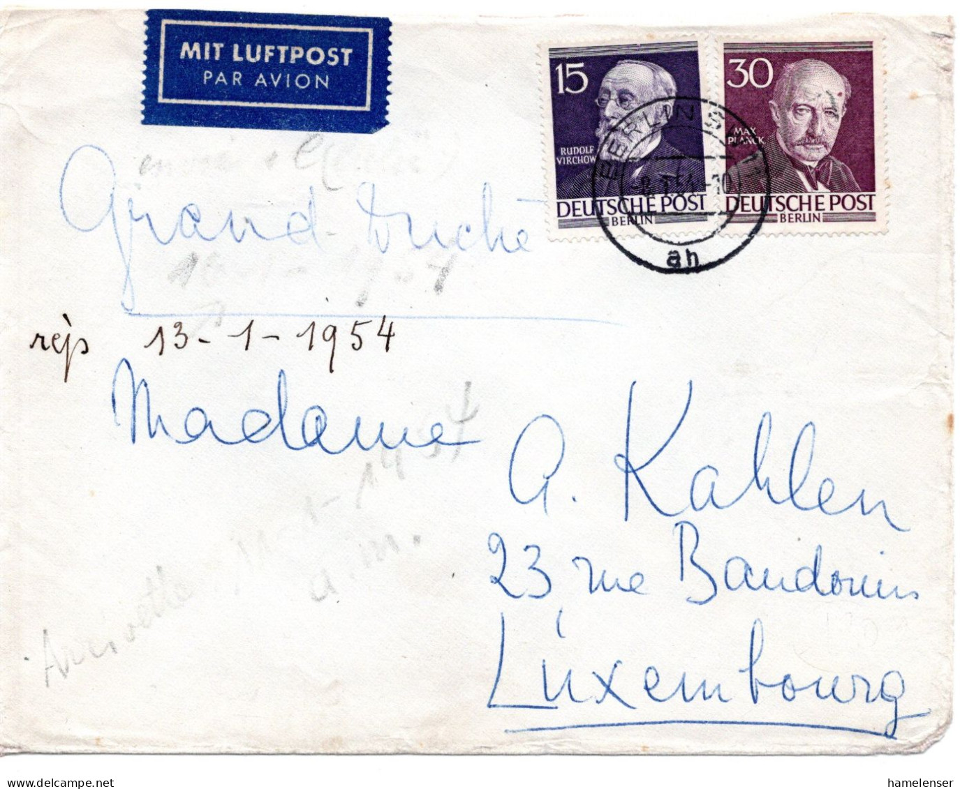 66694 - Berlin - 1954 - 30Pfg Maenner I MiF A LpBf (kl Mgl) BERLIN -> Luxemburg - Storia Postale