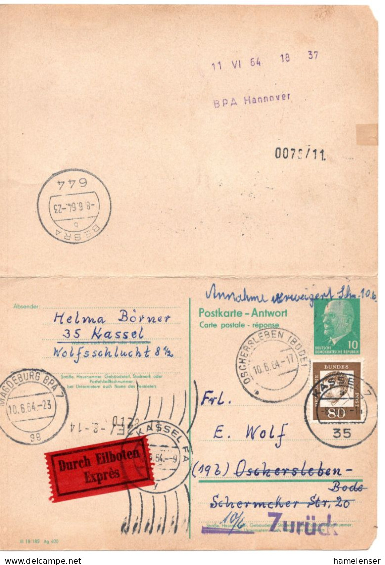 66697 - DDR / Bund - 1964 - 10Pfg Ulbricht GAAntwKte Kpl AntwTeil M ZusFrankatur P Eilboten KASSEL -> OSCHERSLEBEN - Storia Postale