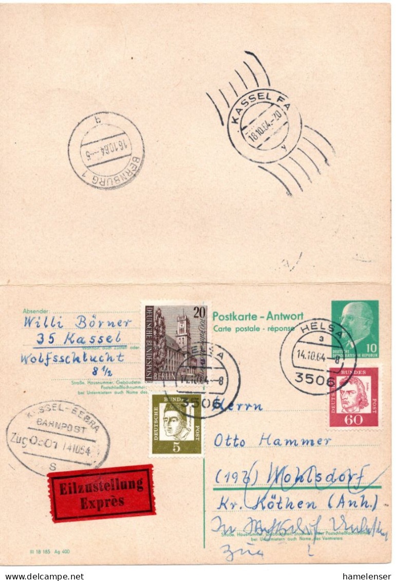 66698 - DDR / Bund - 1964 - 10Pfg Ulbricht GAAntwKte Kpl AntwTeil M ZusFrankatur P Eilboten HELSA -> WOHLSDORF - Cartas & Documentos