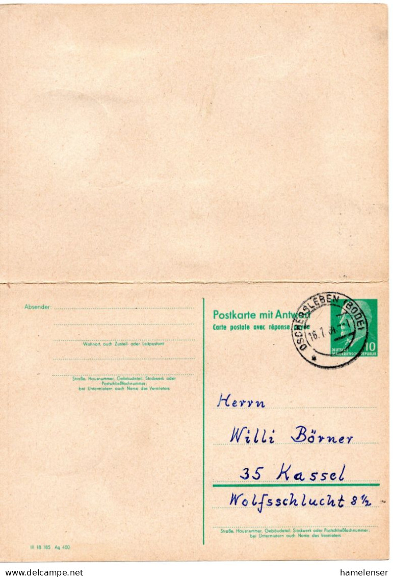 66698 - DDR / Bund - 1964 - 10Pfg Ulbricht GAAntwKte Kpl AntwTeil M ZusFrankatur P Eilboten HELSA -> WOHLSDORF - Cartas & Documentos