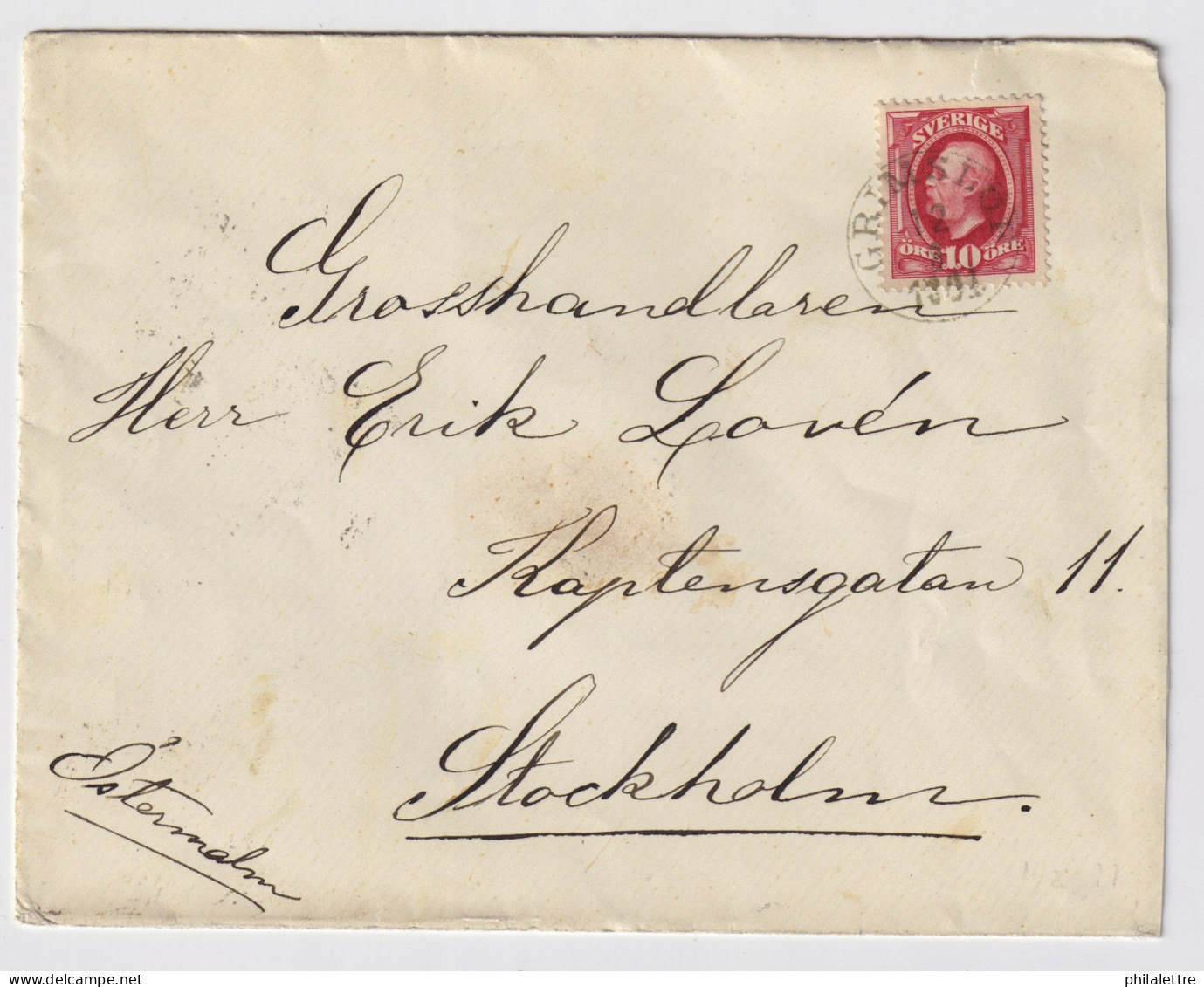 SUÈDE / SWEDEN - 1891 (Aug 12) 10ö Red Facit 54 On Cover From "GRIMSLÖF" To STOCKHOLM - Lettres & Documents
