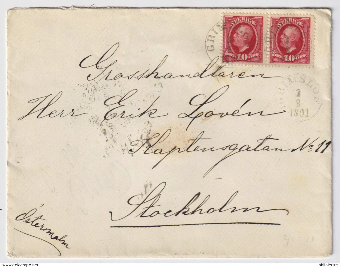 SUÈDE / SWEDEN - 1891 (Aug 3) 2x10ö Red Facit 54 On Cover From "GRIMSLÖF" To Stockholm - Lettres & Documents