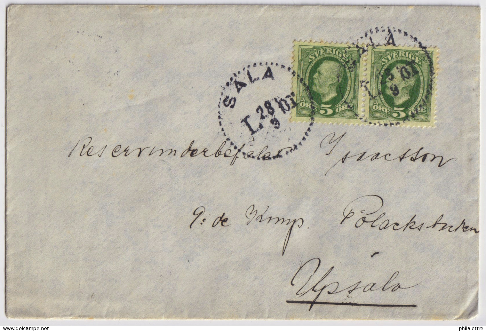 SUÈDE / SWEDEN - 1908 (Sep 28) 2x 5ö Green Facit 52 Used "SALA" On Cover To Upsala - Covers & Documents