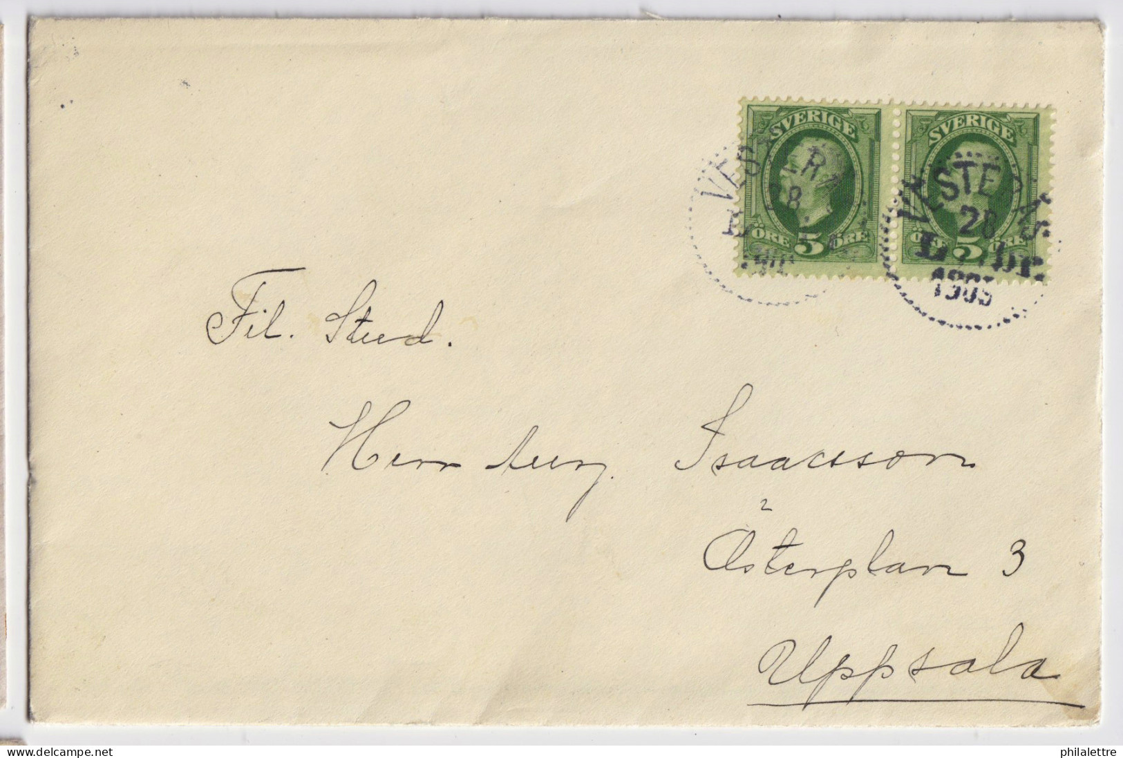 SUÈDE / SWEDEN - 1905 (Nov 28) 2x 5ö Green Facit 52 Used VESERÅS Ro UPSALA - Brieven En Documenten