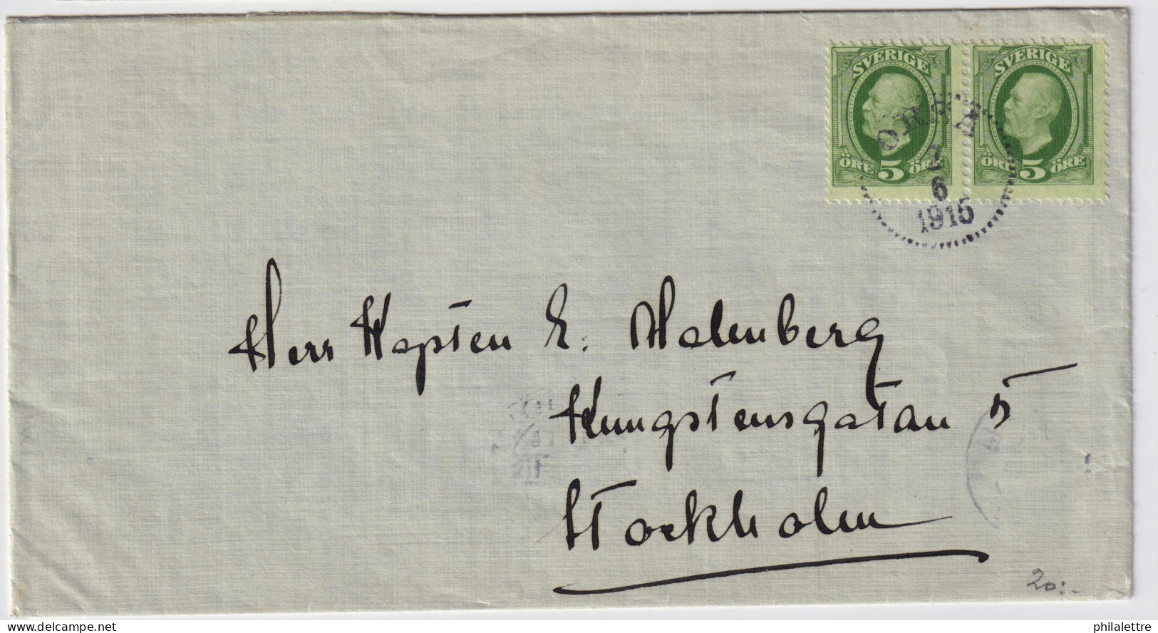 SUÈDE / SWEDEN - 1915 (Jun 2) 2x 5ö Green Facit 52 Used ORSA Ro STOCKHOLM - Lettres & Documents